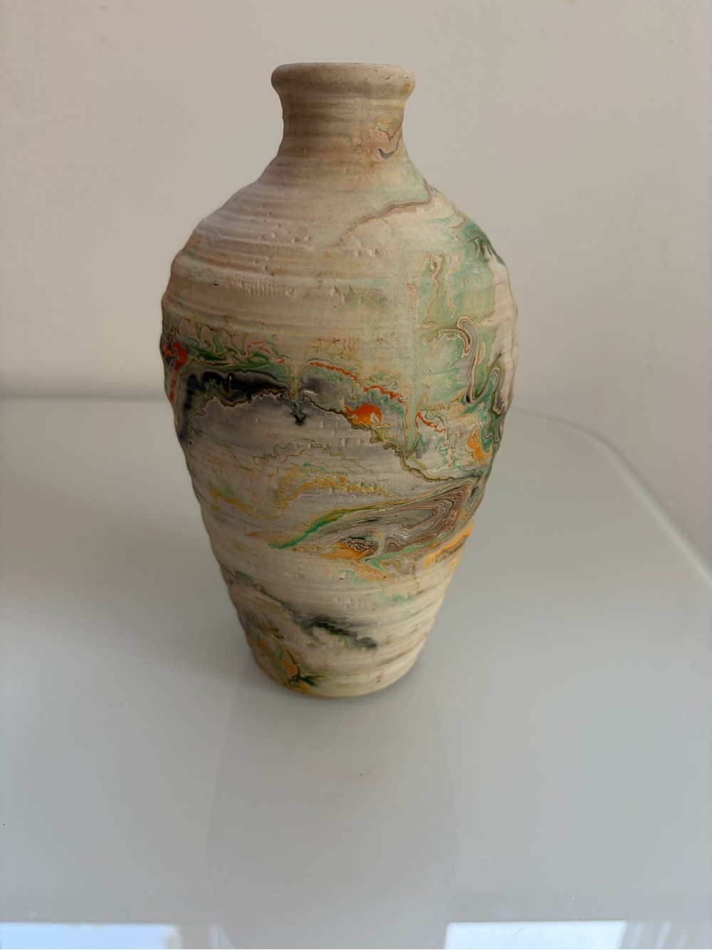 Nemadji Handmade Clay Swirled Pottery Vase in Cream with Green & Orange Accents